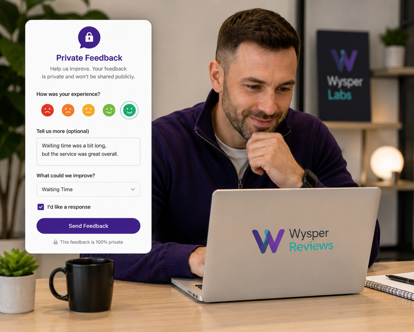Business owner viewing customer feedback and service insights