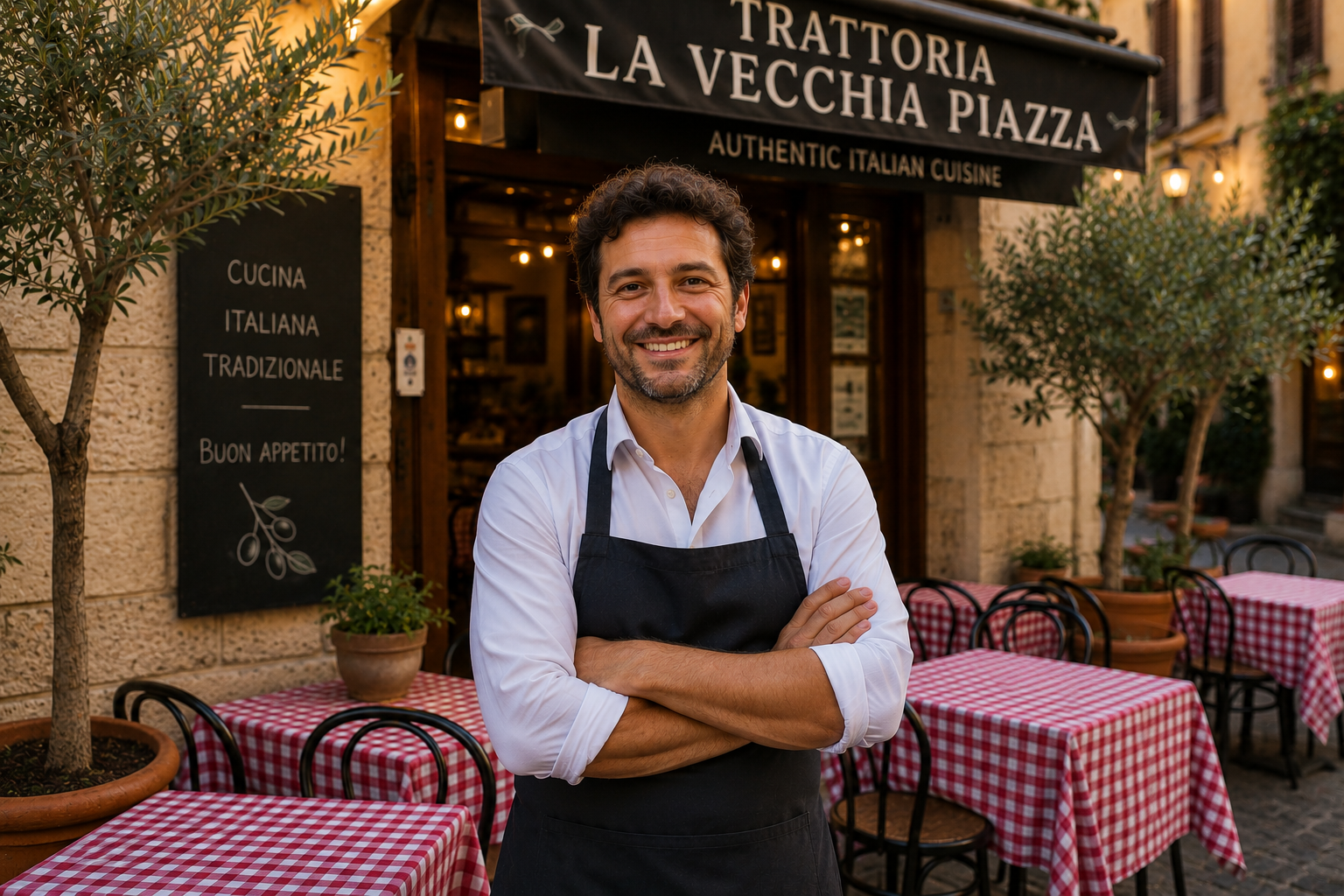 Restaurant owner outside his local restaurant