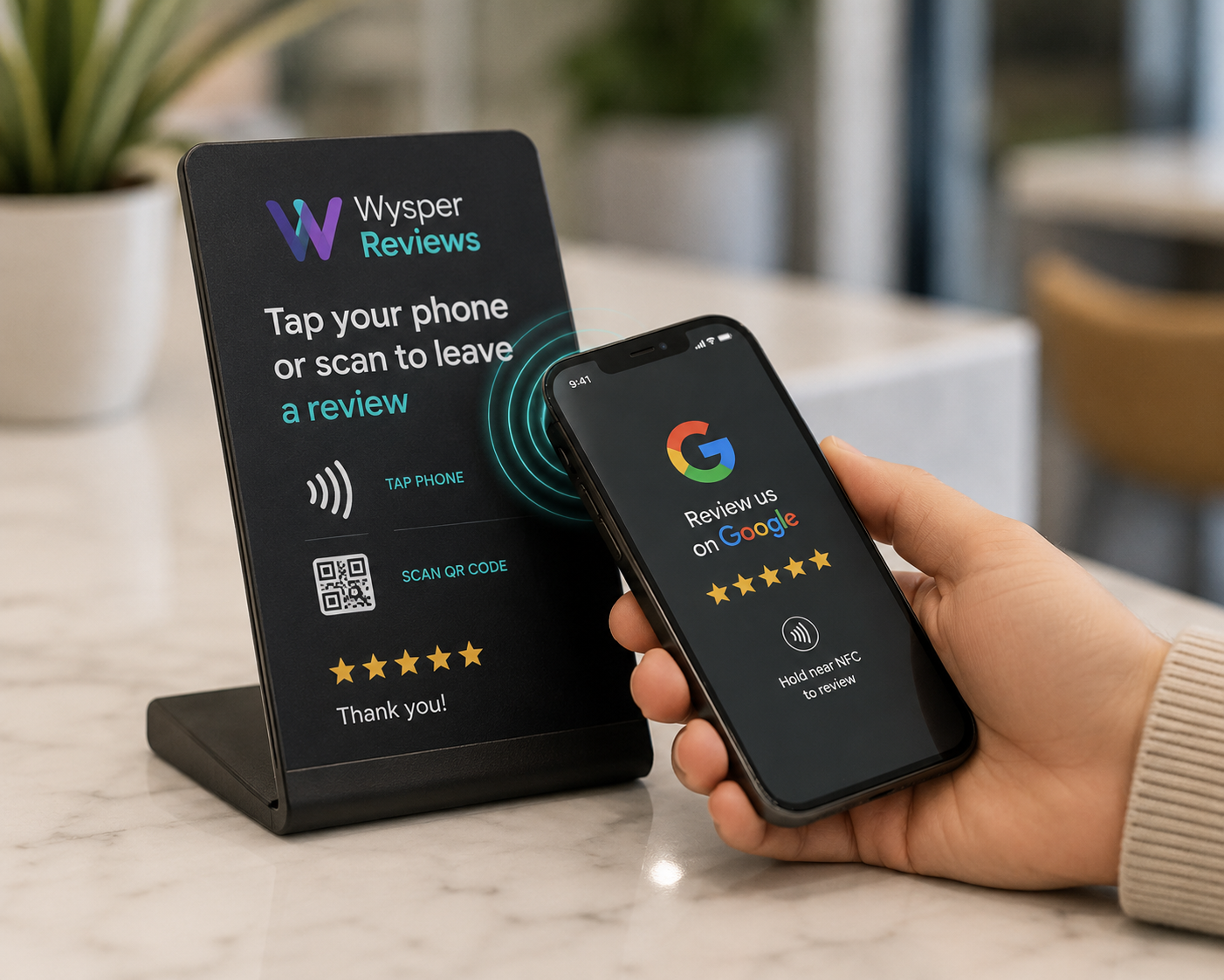 Customer tapping a phone on a Wysper Reviews NFC stand